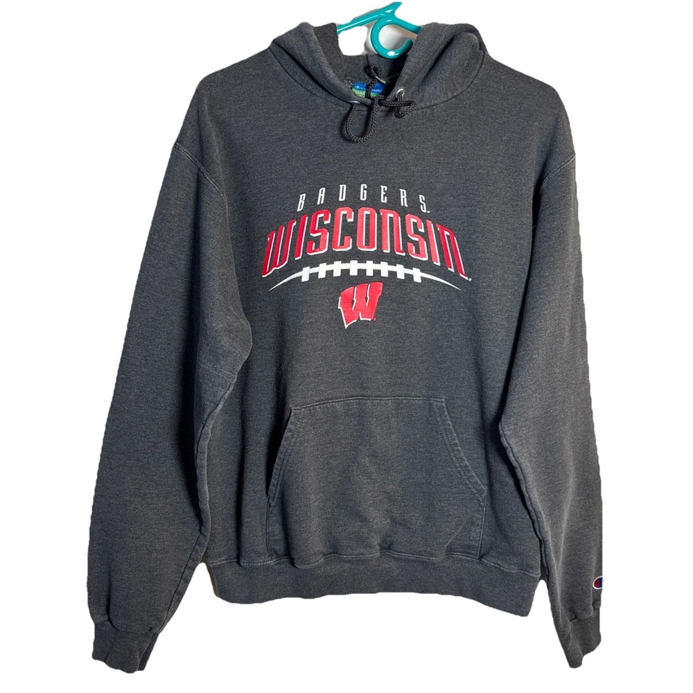 Champion Wisconsin Badgers Hoodie Men's M Eco Fleece Gray Pullover NCAA‎